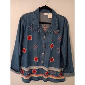Bobbie Brooks Women's Denim Long Sleeved Shirt Patchwork  & Embroidery Sz. XL